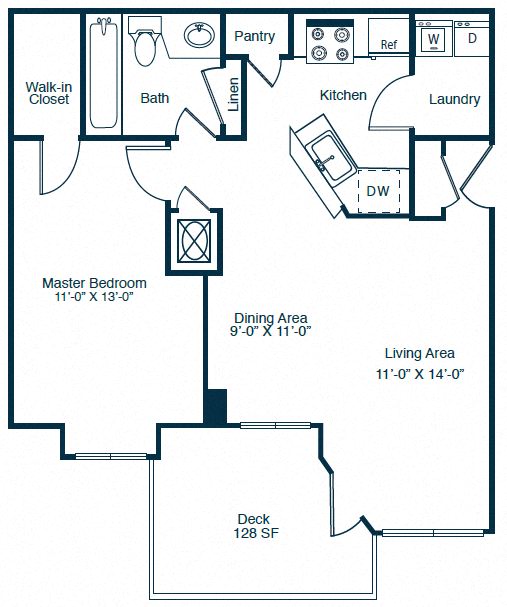 Floor plan for 1 bed, 1 bath, 750 sqft
